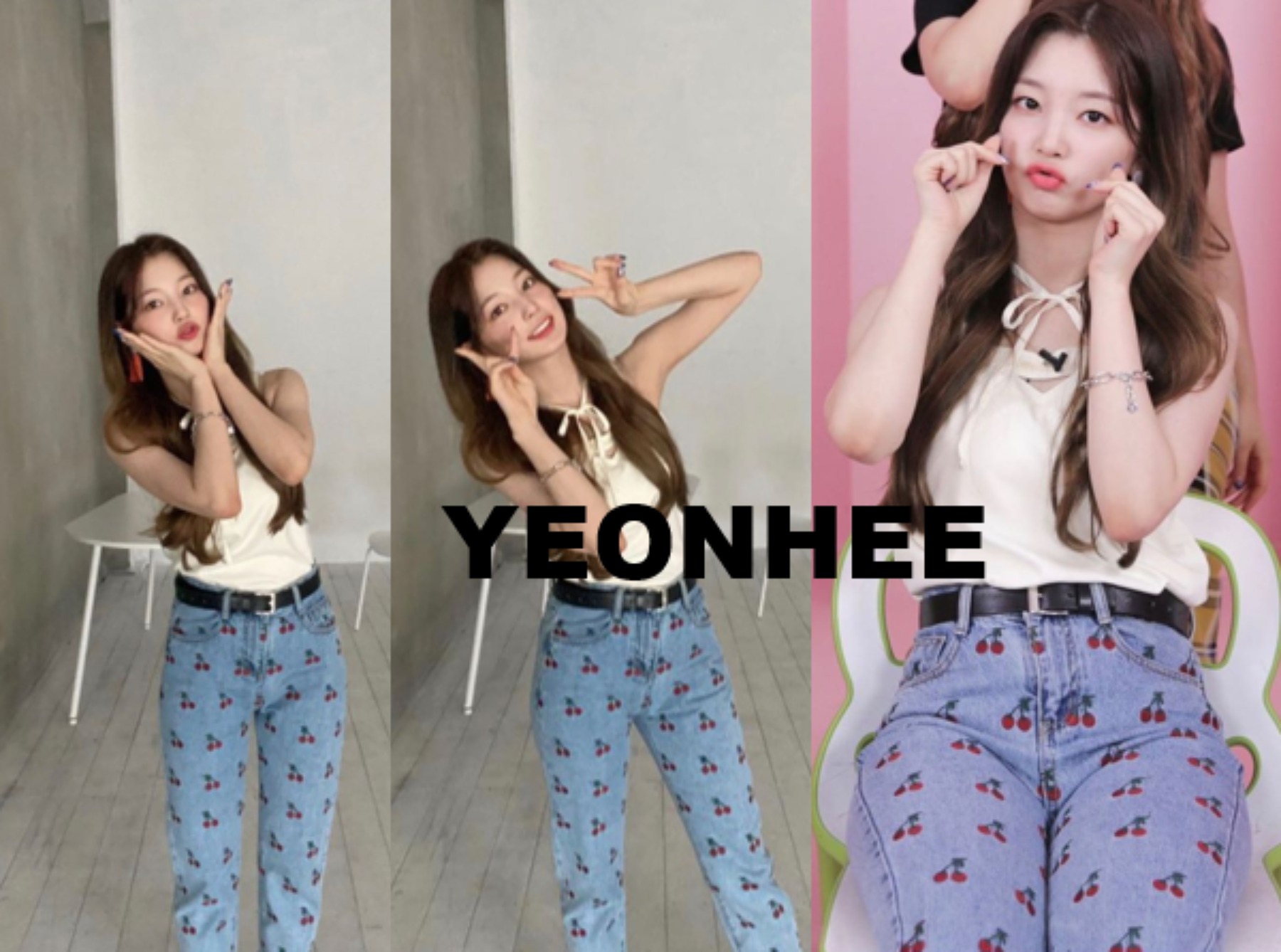 ROCKET PUNCH YEONHEE WORN STRAIGHT FIT CHERRY EMBROIDERY DENIM PANTS [6851]